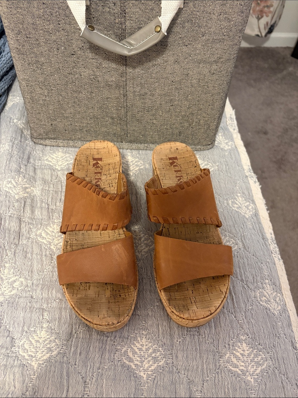 Women's Tan Leather Cork Wedge Slide Sandals - Picture 2 of 4